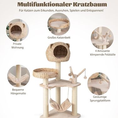 SOARS Котячий дряпак 121 см з лежаками, іграшкою, сизалевим стовпом та плетеним кукурудзяним листям, ігровий комплекс для котів (49,5x49,5x121 см)