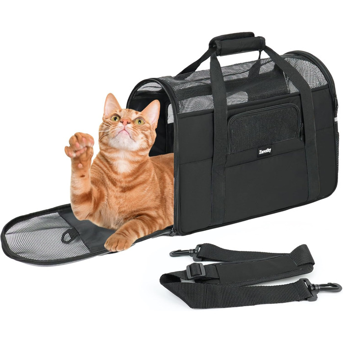 Транспортна сумка для котів та собак, дихаюча та складна, переноска для котів з регульованим плечовим ременем, знімний плюшевий килимок (Чорний, M)