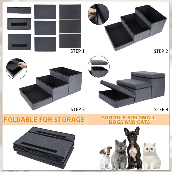 Сходинки для собак з місцем для зберігання, 2 сходинки, складані, широка пандус для домашніх тварин, неслизькі сходи для собак, драбина для домашніх тварин, сходи для собак та котів маленьких та великих порід, темно-сірий 60×40×30 (квадрат)