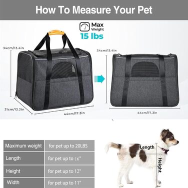 Транспортна переноска для собак та котів: переноска-сумка, схвалена авіакомпаніями, для собак та котів середніх та маленьких порід (до 9 кг), з шлейкою та щіткою для видалення шерсті