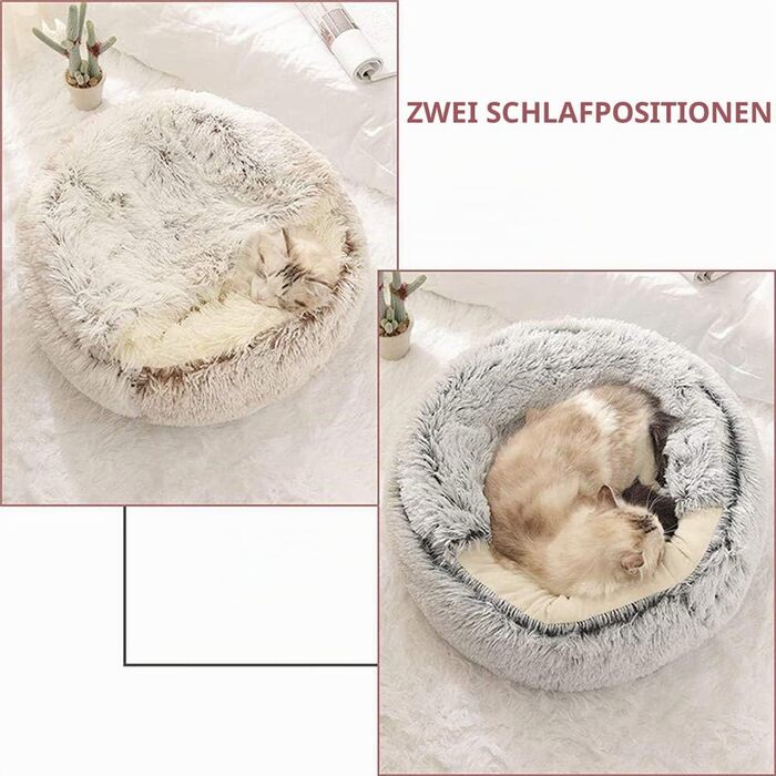 Затишне ліжко для котів та цуценят Flauschiges, кругле, з м'якого плюшу, печера з капюшоном, зимове, тепле, антиковзне, машинне прання, 60 см (кава)