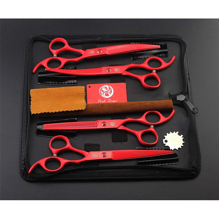 Набір професійних ножиць для грумінгу тварин Purple Dragon 7.0 дюймів (4 шт.) з преміум-сталі Японії. Прямі, вигнуті та розріджуючі леза. Ідеально для стрижки собак. У комплекті чохол.