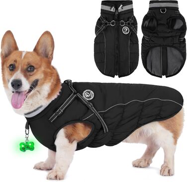 Зимовий одяг для собак: тепла куртка з LED-краваткою, світловідбиваючі смуги, водонепроникний, для маленьких та середніх собак (Чорний, XXL)