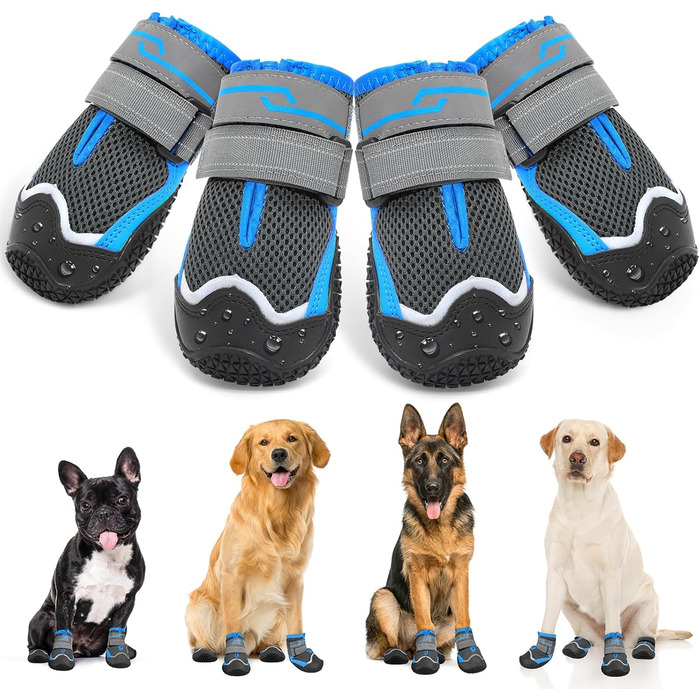 Чоботи для собак Weesiber, 4 шт. Неслизькі собачі чоботи з світловідбиваючими ременями та зносостійкою гумовою підошвою, захист лап для маленьких, середніх та великих собак (Сірий, розмір 8)