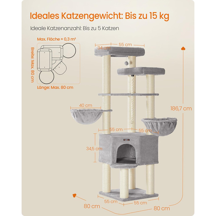 Декілька поверхів, великий котячий будиночок Feandrea, XXL, 55 x 55 x 186,7 см, товсті сизалеві стовпи (11 см), для великих котів (наприклад, мейн-кун), сірий та чорний котячий будиночок, PCT008G02