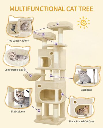 Драбина-кіготь для котів Hzuaneri, 159 см, 8 стовпчиків, 3 платформи, 2 печери, кошик, м'ячики, мотузка, підходить для котів різних розмірів, бежевий MS15918YL L (50 x 40 x 159 см)