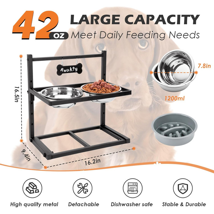 Підвищені годівниці для собак з повільним годуванням, 5 рівнів регулювання, антиковзкий, міцний металевий каркас, непромокальний килимок, стійкі до іржі миски, легко миються, висота: 42 см (для великих собак, сірий)