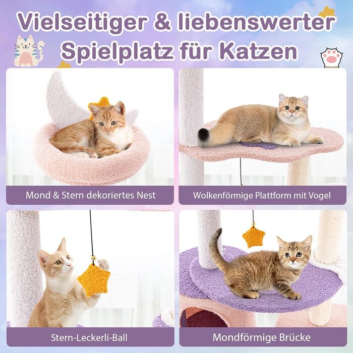 Кігтеточка для котів COSTWAY з будиночком, гамаком та іграшками, фіолетово-рожева (59x49x140 см)