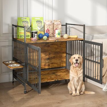 Клітка для собак з полицями для зберігання 99x58x96,5 см – багатофункціональна переносна клітка для собак з колесами, поворотними мисками, міцний вольєр для великих та середніх собак