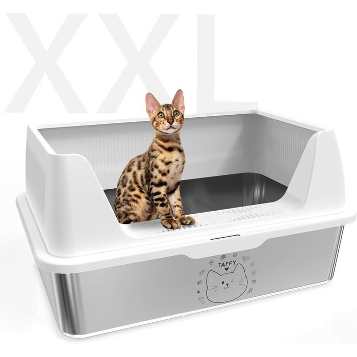 Котячий туалет з нержавіючої сталі XXL 20 л з кришкою, великий, герметичний, легке прибирання, 60x40x30 см, з наліпками для декору