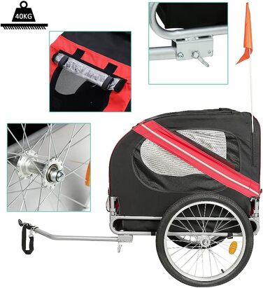 Універсальний велопричіп для собак, складаний, Oxford, з відбивачами, 73x137x90 см, до 40 кг, червоно-чорний