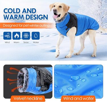 Зимовий одяг для собак, непромоканий та вітронепроникний, теплий з високим коміром, інтегрованим дзвоником, світловідбиваючими елементами та блискавкою – ідеальний для холодної погоди та снігу (Blue, XXL)