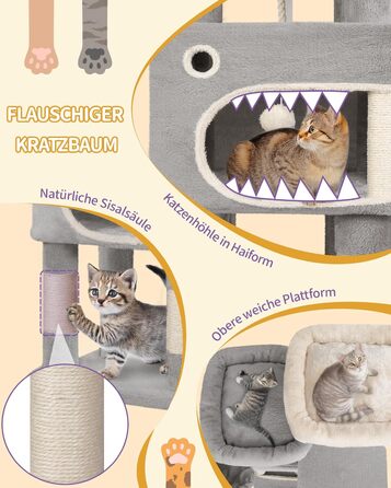 Кігтеточка для котів Hzuaneri, 159 см, з 8 стовпчиками, 3 платформами, 2 ховалами, корзиною, плюшевими кульками, мотузкою з сизалю, підходить для котів різних розмірів, MS15918LG (XL, світло-сірий)