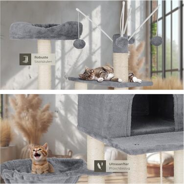 Дерево для котів tectake® XXL, велике, з лежаками, гамаком, будиночком, іграшками, мотузкою, стовпчиком для шліфування, чорний (сірий) - 165 см