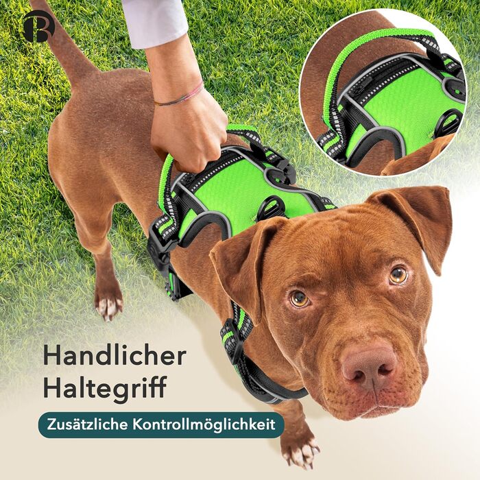 Шлейка для собак середніх порід Bluzelle, світловідбиваюча з ручкою та кишенею для GPS-трекера, анти-тяга, дихаюча, розмір M, зелена