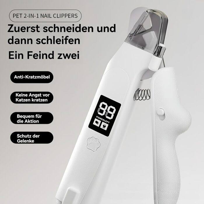 Yagerod Lichtschere Pro: професійна LED-ножиця для грумінгу котів та собак, 2-в-1, з екраном, тихий мотор, збірник для шерсті (білий)