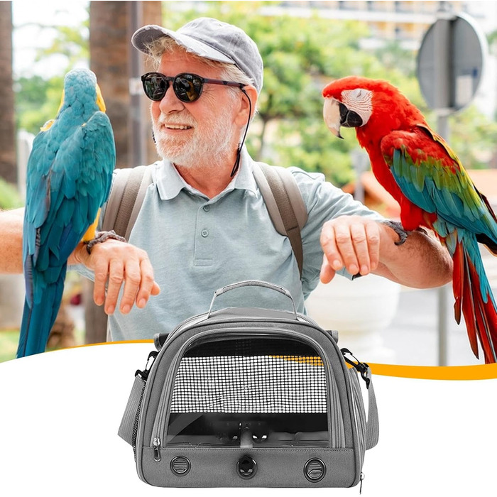 Клітка для папуг – переноска для маленьких тварин | Переноска для птахів з жердкою | Сумка для папуг | Дихаюча переноска на блискавці | Універсальна переноска для тварин сірого кольору