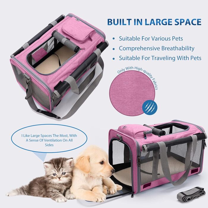 Транспортна переноска для котів та собак PETCUTE, рожева, 9 кг, складна, з плечовим ременем, для подорожей та кемпінгу