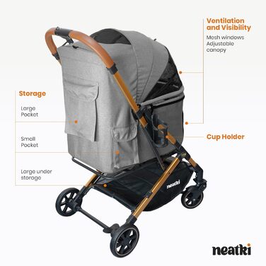 Складаний візок для домашніх тварин для собак та котів, сірий, 70x50x103 см, вантажопідйомність 15 кг, поворотні передні колеса на 360°, складання в один клік, гальмо, страхувальні кліпси, знімне м'яке сидіння