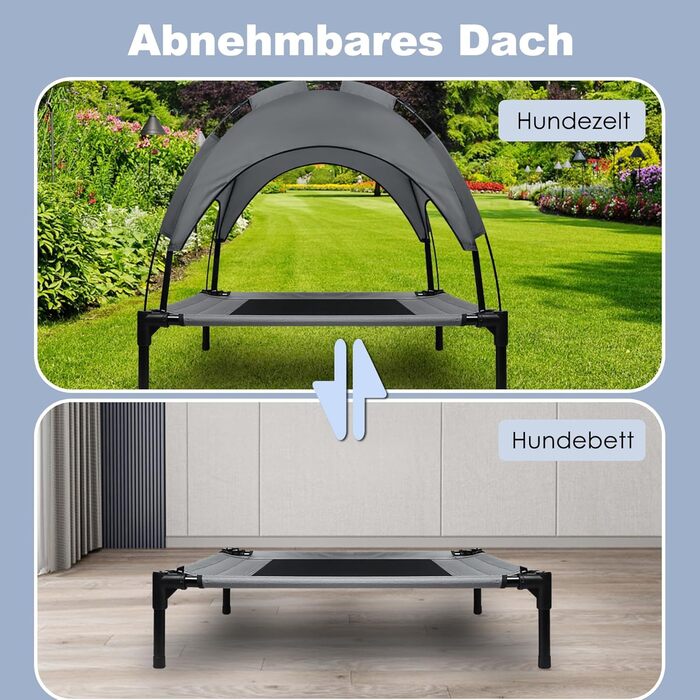 Підвищене ліжко для собак UISEBER 92x76x92 см, Outdoor з дахом, для великих собак до 50 кг, водонепроникне, сіре + чорне