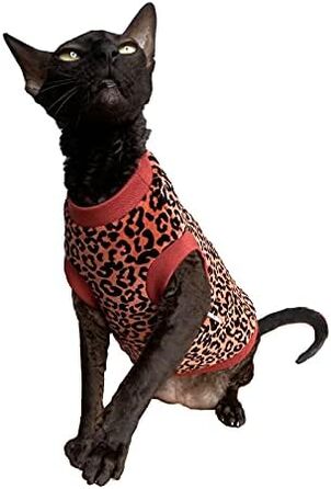 Футболка для кота Сфінкс з органічної велюрової тканини з леопардовим принтом (L), червона