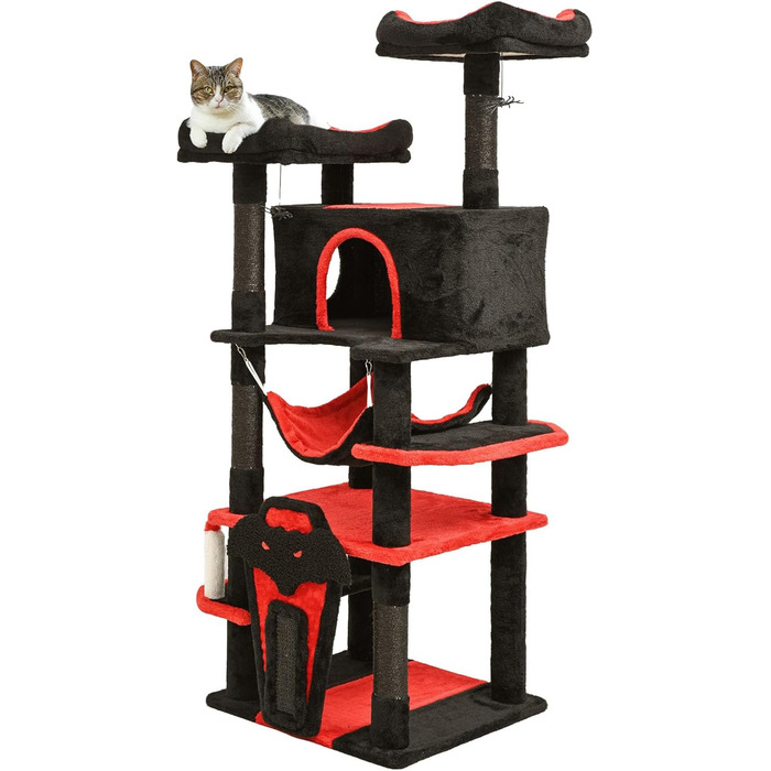 Драматичний котячий комплекс BYBYME в готичному стилі для Хелловін, 158 см, стабільний набір меблів для котів з ліжком, будиночком, гамаком, стовпчиками з сизалю, багатофункціональна котяча ігрова вежа (Чорний/Червоний)