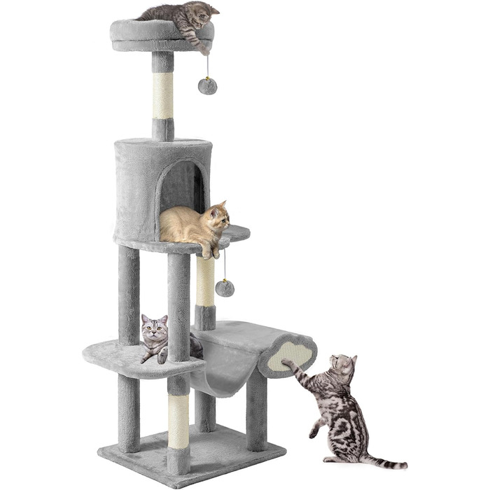 Кігтеточка YITAHOME XXL для котів, 142 см, сірий, з 8 стовпів з сизалю, 3 платформи, 2 печери, гамак, іграшки, кігтешкребок, крізьбаум