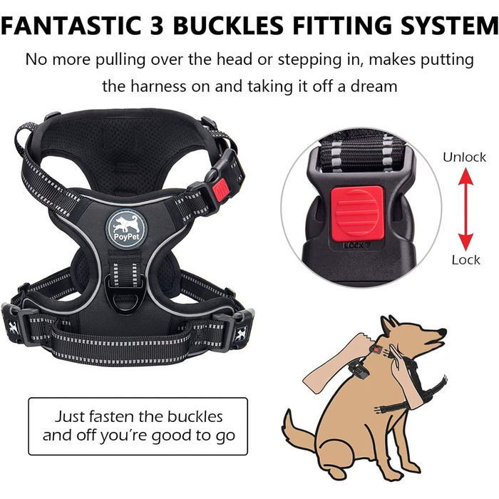 Шлейка для собак PoyPet, проти витягування, без нудоти, світловідбиваюча, з 2 карабінами, регульована, м'яка, з простим контролем, для собак будь-якого розміру (XL)