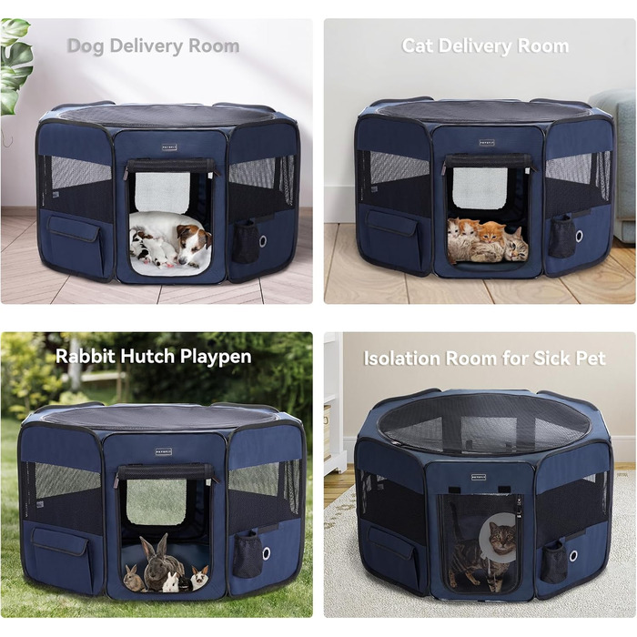 Складаний вольєр Petsfit для цуценят, котів і кроликів, з блискавками, знімний верх і низ, L, темно-синій і чорний