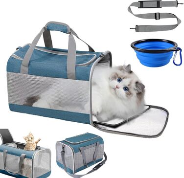 Транспортна переноска для кота KunpengZen, переноска для собаки, складана, з регульованим плечовим ременем, знімним плюшевим матрацом, для котів до 7.5 кг, для подорожей, авто, до ветеринара, блакитна