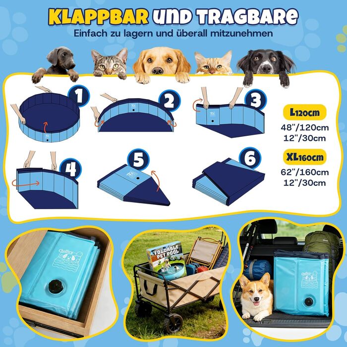 Басейн для собак JONRRYIN 120x30 см, складаний, з щіткою, латками та зливом - для великих та малих собак, котів та дітей