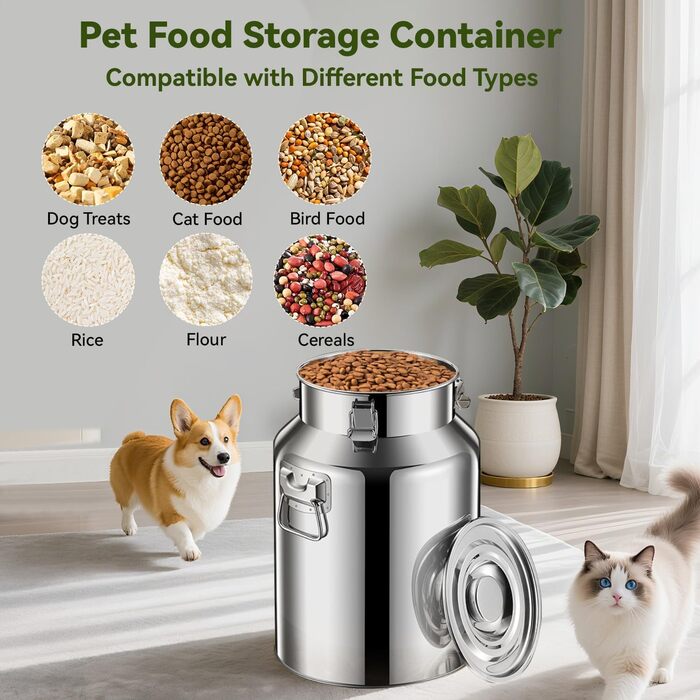 Контейнер для корму для собак та котів з нержавіючої сталі, 5,9 кг, з герметичним кришкою та лопаткою