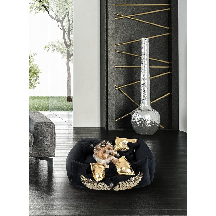 NELKE Розкішне ліжко для собак Glamour-стиль. Чорне ліжко-софа з золотими крилами для маленьких та середніх собак. Знімний, washable (можливість прання)
