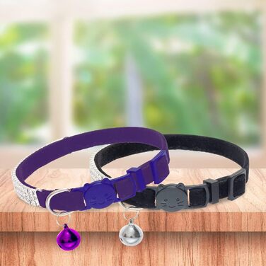 Нашийник для котів ExPawlorer з дзвіночком та стразами, м'який оксамит, безпечний, регульований, для котів та маленьких собак, 2 шт. (чорний та фіолетовий), 9'-12'