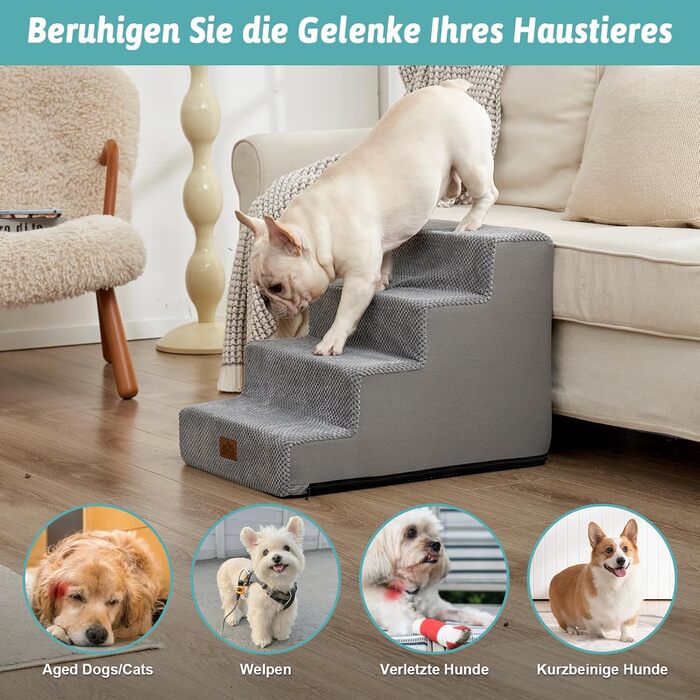 Сходинка для собак, 5 сходинок, 60 см, сіра. Підходить для маленьких собак, котів, ліжко, диван, авто. Виготовлена з високощільним пінопластом, знімний чохол. Розміри: 60x45x45 см