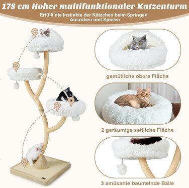 Дерев'яна кігтеточка для котів COSTWAY 178 см з 3 лежаками, іграшками та сизалевими стовпчиками, велика, з металевим каркасом, бежева