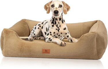 Ортопедичне собаче ліжко Knuffelwuff з штучним хутром кролика, розмір M-L, 85 x 63 см, коричневе. Знімний, пральний чохол. Підходить для собак великих, середніх та маленьких порід. Розміри: 85 x 63 x 23 см.