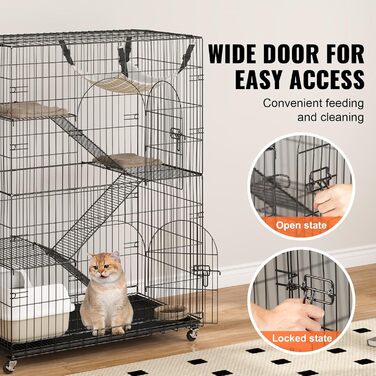 Клітка для котів VEVOR, 4 рівні, 2 двері, 90x60x133 см, залізна, з покриттям, з драбинами, для котів і дрібних тварин