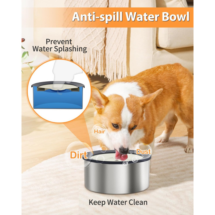 Нержавійна чаша для води для собак 2L, не протікає, без облизування, для дому, вулиці, авто