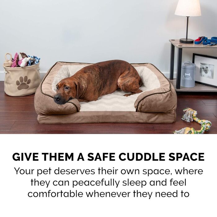 Лягу для собак FurHaven Large з піною з пам'яті, плюш та вельвет, стиль дивану, знімний чохол, коричневий, розмір L (91 x 69 x 19 см)