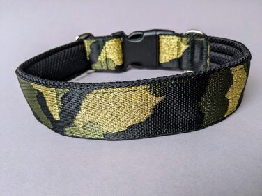 Камуфляжний нашийник для собак, широка стрічка 4 см, м'яка підкладка, військовий стиль, зручна застібка-клік, регульований, оливково-золотий-чорний (до 48 см)