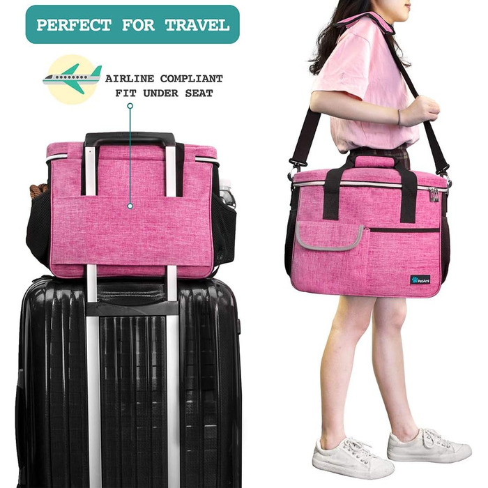 PetAmi Сумка-органайзер для собак та котів, дорожня сумка для годування з мисками, аксесуари для подорожей, переноска для кемпінгу (Рожева, середня) 14.5'L x 8'W x 12.0'H