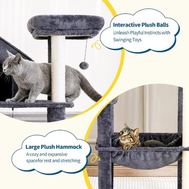 Дерев'яний котячий комплекс Made4Pets для кімнатних котів, багаторівневий когтеточка з плюшевим гамаком, затишний будиночок, стовпи для дряпання, верхня платформа та 2 підвісні м'ячі, висота 152 см