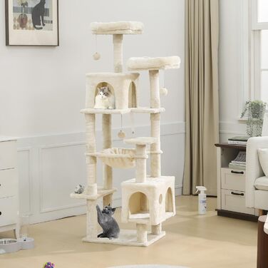 Кігтеточка для котів MSmask велика, стабільна, багатоярусна з 2 платформами, 2 будиночками, гамаком, сизалевими стовпчиками (Бежева, 160 см)