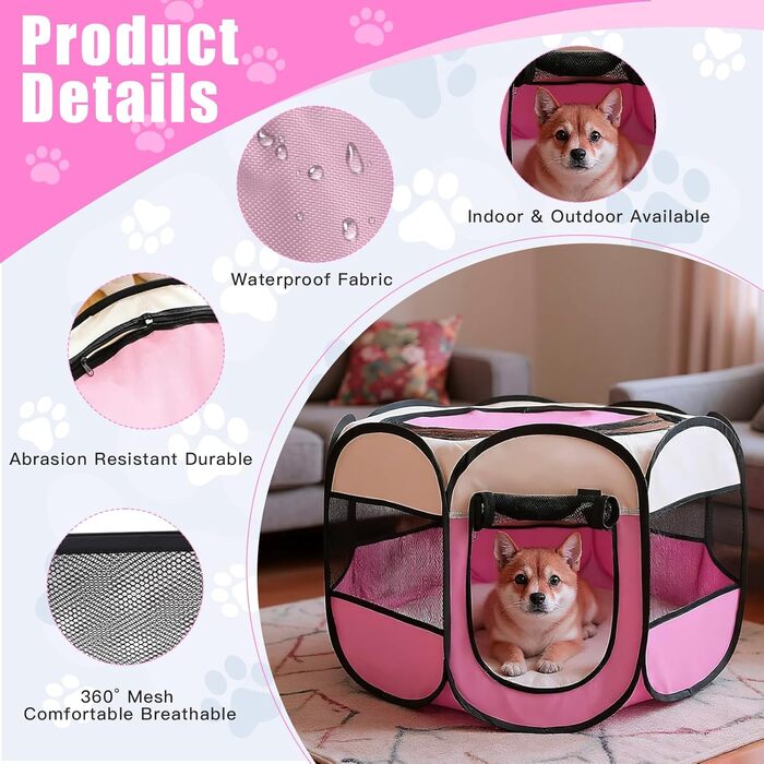 Складана переносна вольєр для цуценят та собак, 74x74x43 см, рожевий, 8 м. Водонепроникний вольєр для собак, котів та кроликів