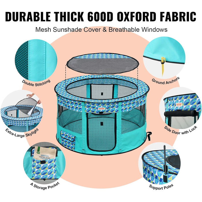 Вольєр для цуценят VEVOR розкладний, 812 x 609 x 558 мм, з мискою, 600D Oxford, для собак та інших тварин, блакитний