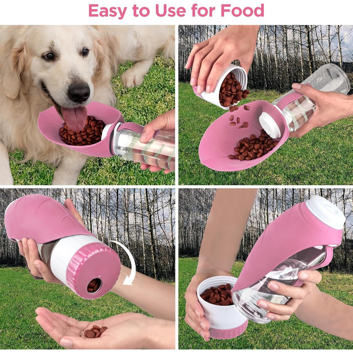 Водяна пляшка для собак Uppetly з мискою, вилка-дозатор, витокозахисна, BPA-free, для прогулянок, рожева (590 г)
