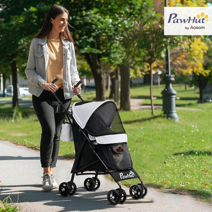 Візок для собак та котів PawHut, складна конструкція, до 4 кг, з сітчастими віконцями, плечовий ремінь, кишеня для зберігання, тримач для напоїв, парасолька, темно-сірий (світло-сірий)