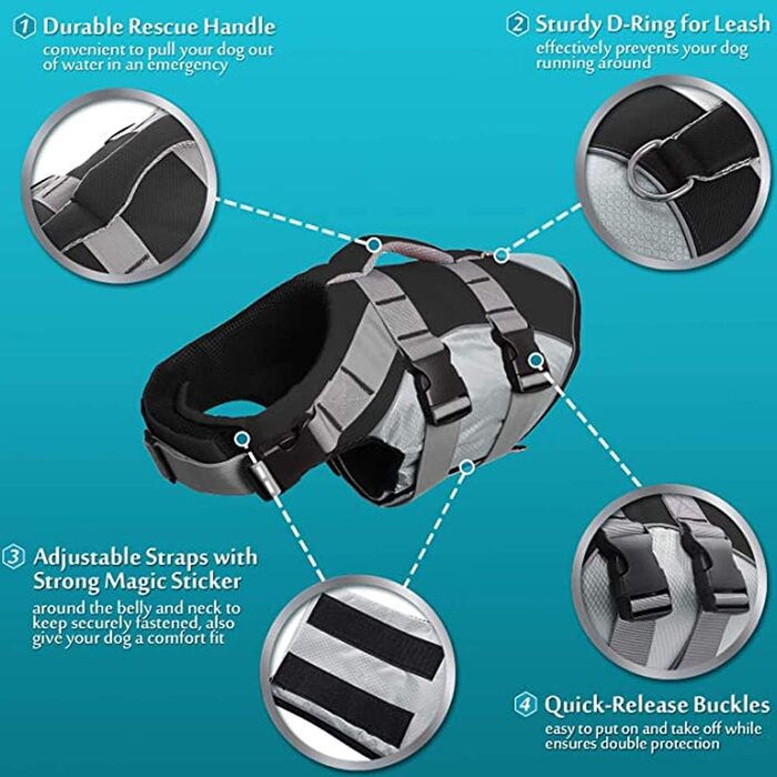Спасальний жилет для собак PJDDP, чорний, L. Жилет для плавання з надмірною плавучістю та рятувальним руків'ям.