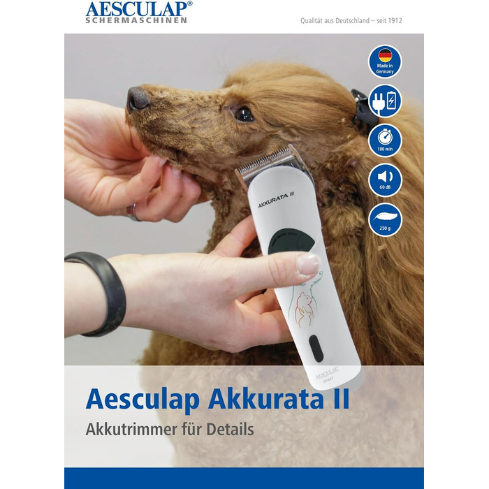 Машинка для стрижки собак Rotschopf24 Aesculap Akkurata 2 GT407. Безшумна, легка, акумулятор/мережа, 3 швидкості, титановий ніж, сумка Rotschopf24. Зроблено в Німеччині